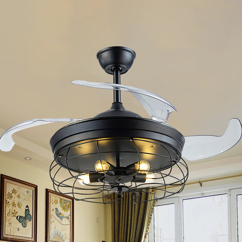 Metallkäfig -Anhänger -Lüfterlampe Modernismus 20 "breit 5 Lichter halb Flush Deckenleuchte in Schwarz mit 4 Klingen