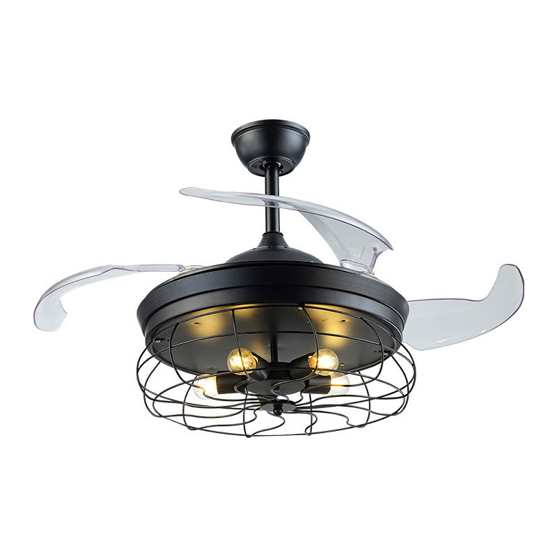 Metallkäfig -Anhänger -Lüfterlampe Modernismus 20 "breit 5 Lichter halb Flush Deckenleuchte in Schwarz mit 4 Klingen