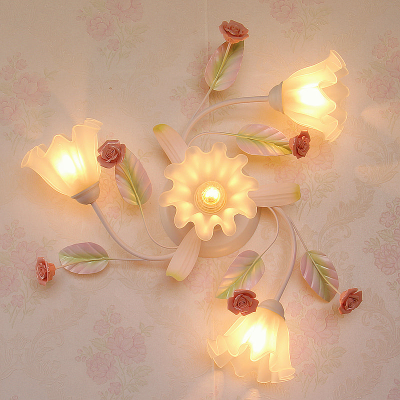 Pastoral Style Floral Semi Flush Mount 4/7-Light Metal Flush Ceiling Light with Frosted Glass Shade in White