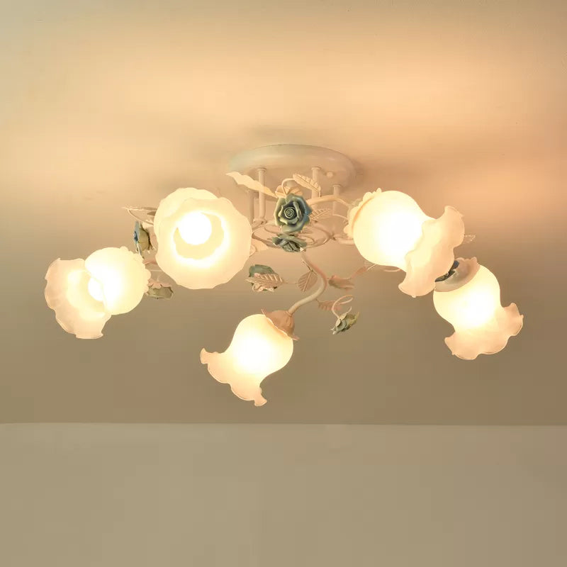 American Garden Flower Semi-Flush Mount 5 Bulbs Frosted White Glass Flush Mounted Light for Living Room