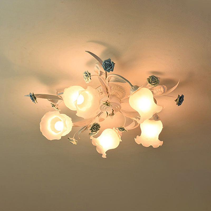 American Garden Flower Semi-Flush Mount 5 Bulbs Frosted White Glass Flush Mounted Light for Living Room