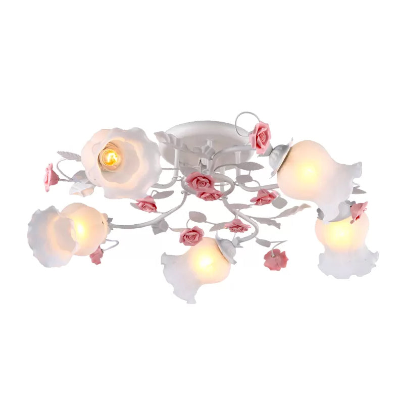 5 Bulbs Semi Flush Mount Korean Garden Floral Frosted White Glass Ceiling Flush Light for Bedroom