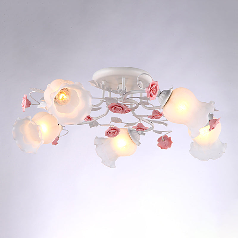 5 Bulbs Semi Flush Mount Korean Garden Floral Frosted White Glass Ceiling Flush Light for Bedroom
