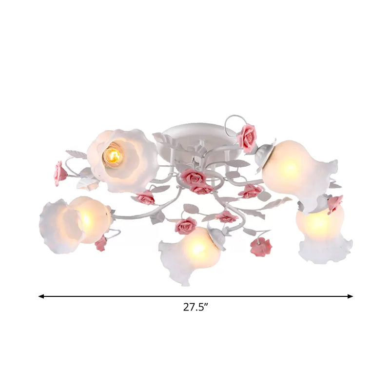 5 Bulbs Semi Flush Mount Korean Garden Floral Frosted White Glass Ceiling Flush Light for Bedroom