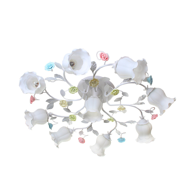 Zugesperrte Creme Glas Rüschen Deckenleichte Landschaft 9 Lichter Schlafzimmer Halbflush -Lampe in Rosa/Grün