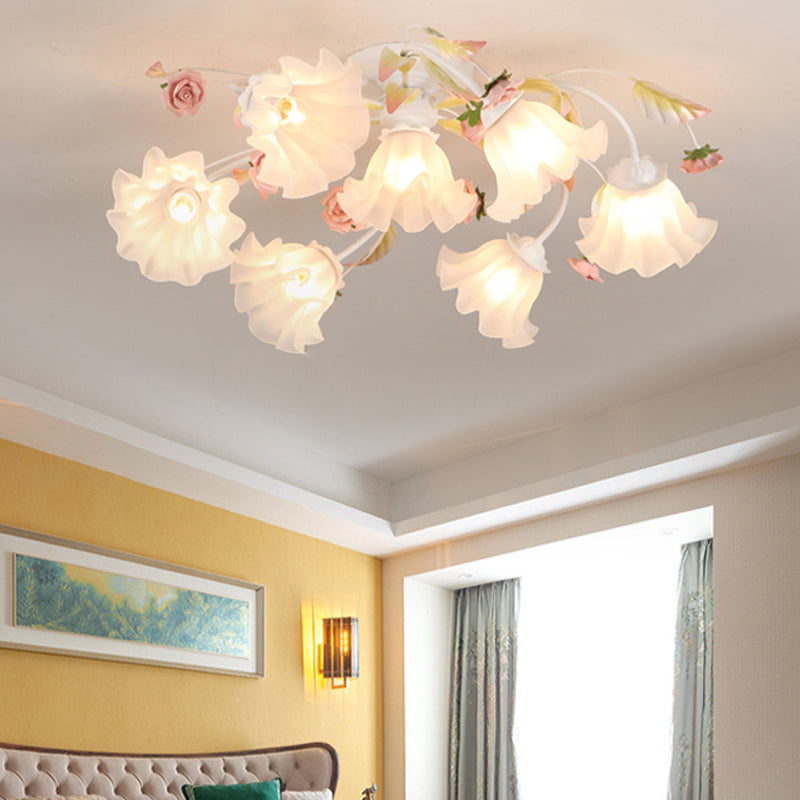 Pastoral Ruffle Ceiling Flush Lamp 4/7/9 Heads Frosted White Glass Semi Flush Mount for Dining Room