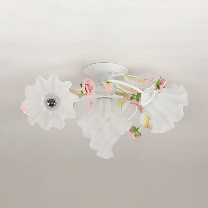 Pastoral Ruffle Ceiling Flush Lamp 4/7/9 Heads Frosted White Glass Semi Flush Mount for Dining Room