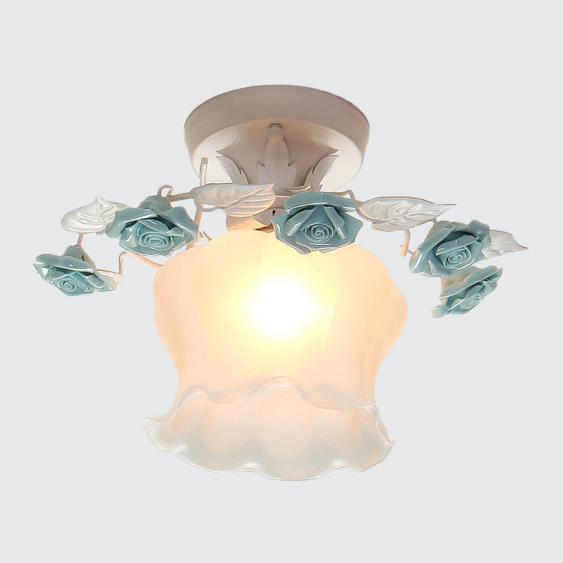 Ruffle Frosted White Glass Semi Flush Mounted Light Pastoral Style 1-Light Dining Room Ceiling Lighting in Pink/White/Blue