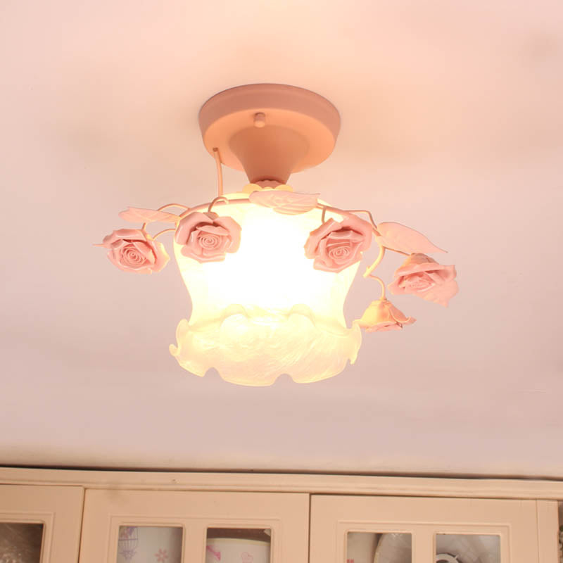 Ruffle Frosted White Glass Semi Flush Mounted Light Pastoral Style 1-Light Dining Room Ceiling Lighting in Pink/White/Blue