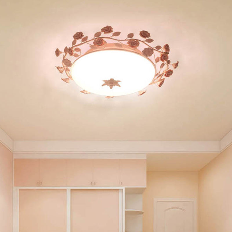 Pastoral Style Dome Flush Ceiling Light 1 Light Frosted White Glass Flush Mount Lamp with Flower Deco in Pink