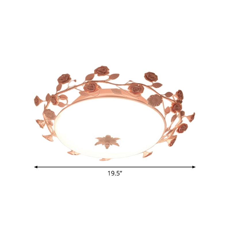 Pastoral Style Dome Flush Ceiling Light 1 Light Frosted White Glass Flush Mount Lamp with Flower Deco in Pink