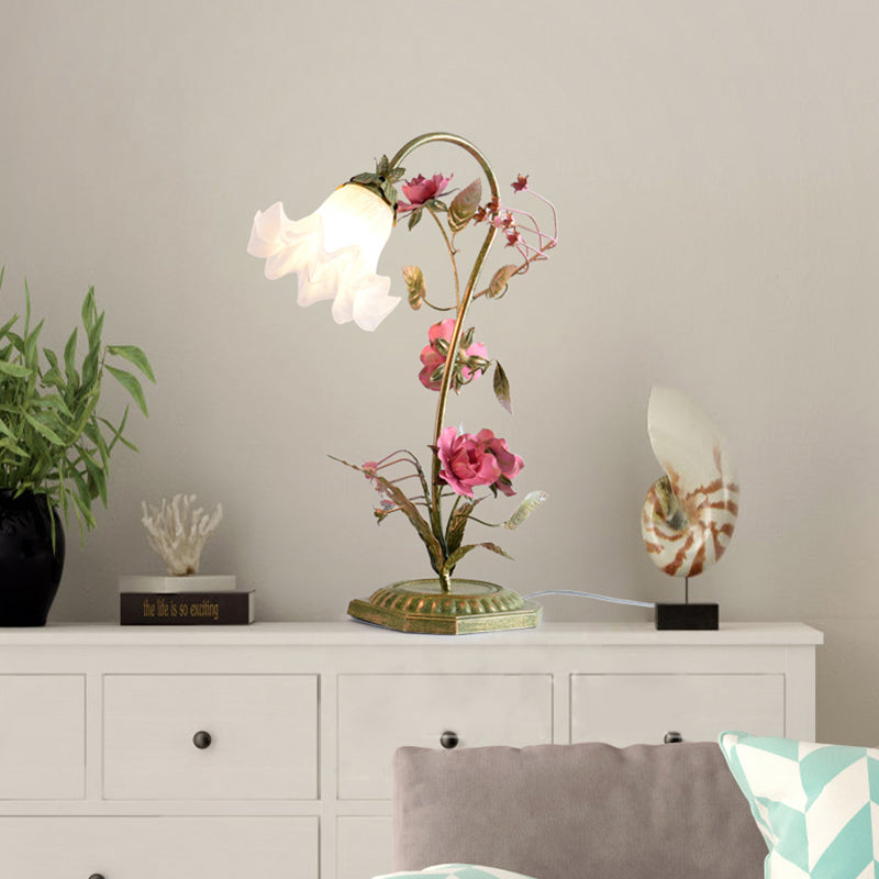 Frosted Milky Glass Ruffle Nightstand Lamp Pastoral Style 1-Light Bedroom Night Light with Green Arm and Flower Deco