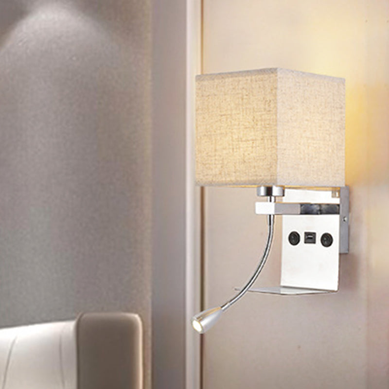 Luz de lectura montada en la pared rectángulo tela moderna 1 cabeza negra/blanca/matorral beige con estante y foco de atención