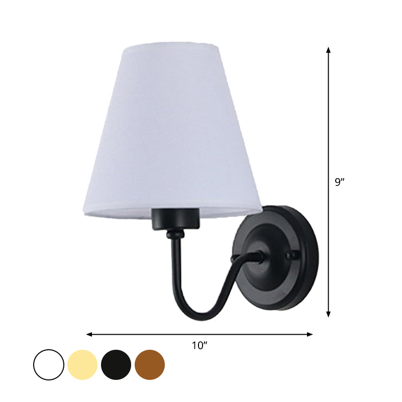 Black/Brown/Beige Cone Wall Lamp Nordic 1-Light Fabric Wall Lighting with Curved Arm in Black/White