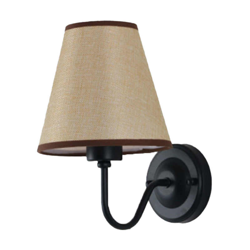 Black/Brown/Beige Cone Wall Lamp Nordic 1-Light Fabric Wall Lighting with Curved Arm in Black/White