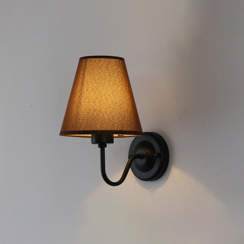 Black/Brown/Beige Cone Wall Lamp Nordic 1-Light Fabric Wall Lighting with Curved Arm in Black/White