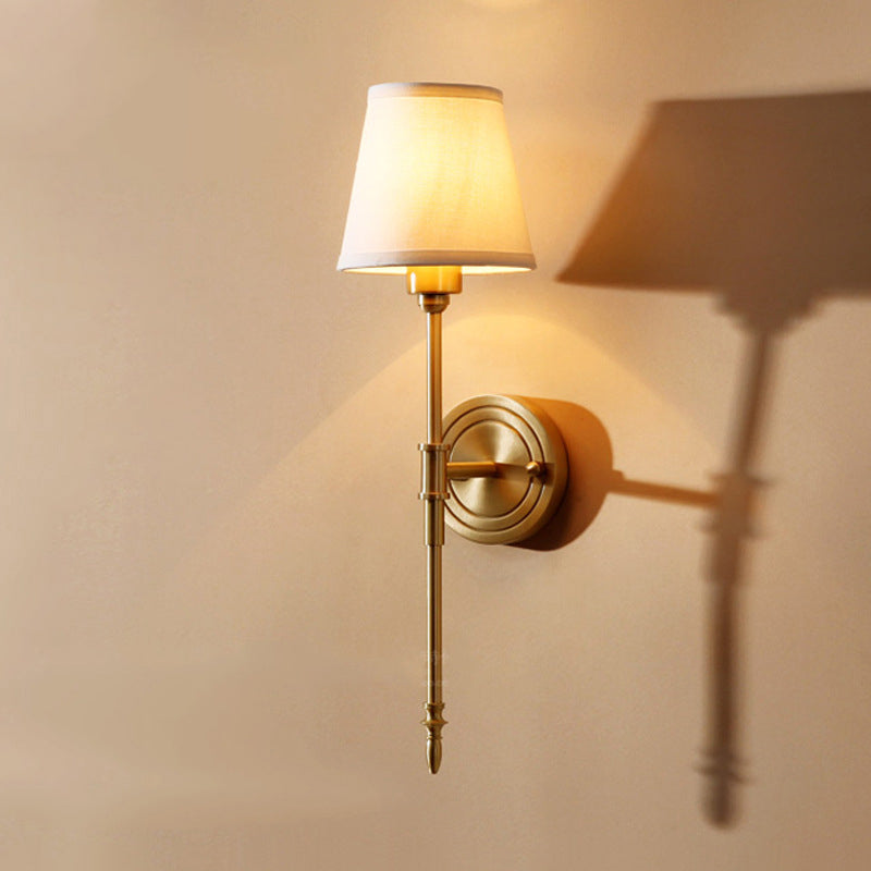 Tapered Bedroom Wall Light Kit Minimalist Fabric 1 Bulb Gold Wall Mount Reading Lamp with Pencil Arm