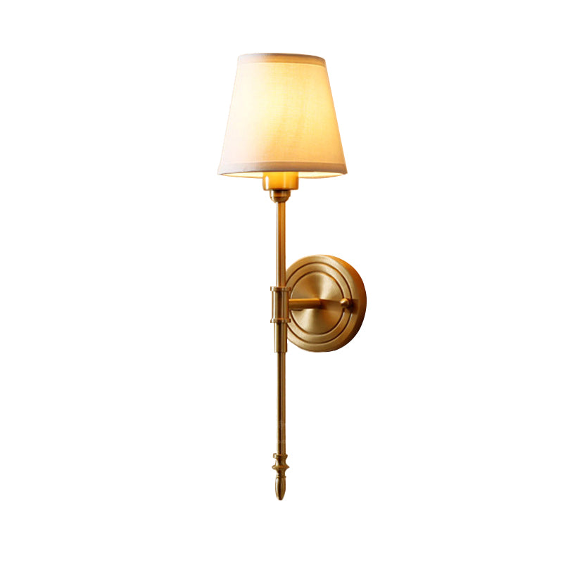 Tapered Bedroom Wall Light Kit Minimalist Fabric 1 Bulb Gold Wall Mount Reading Lamp with Pencil Arm