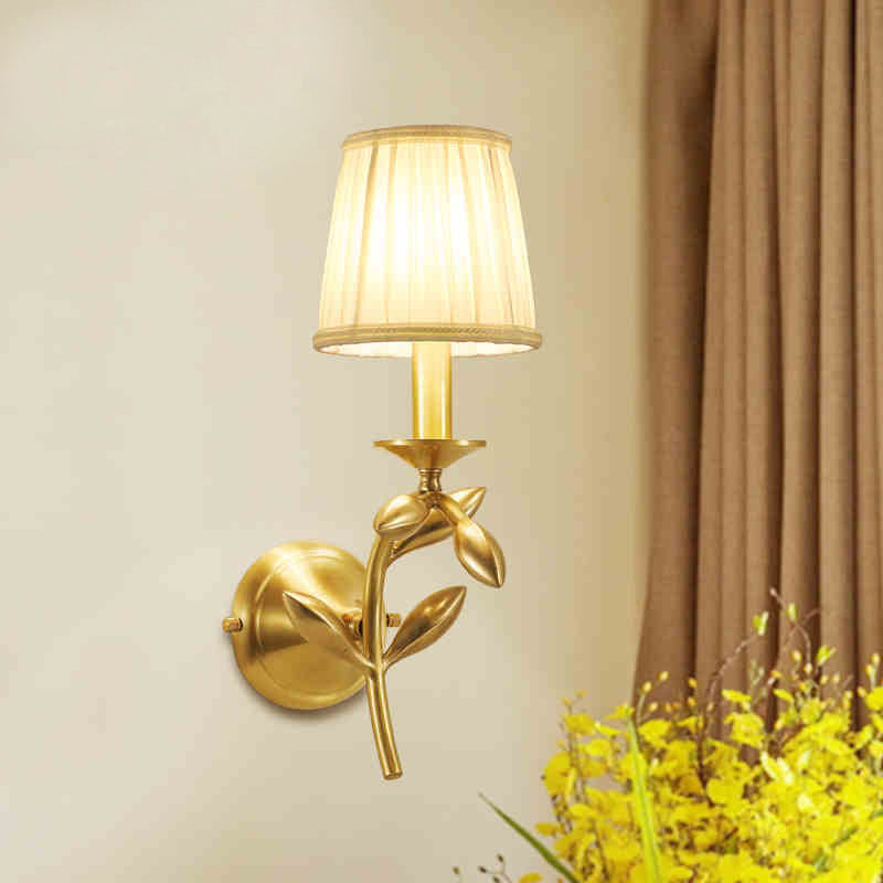 Gold Wheat Branch Wall Light Farmhouse Metal Single Bedroom Wall Mount Fixture with Gathered Fabric Shade