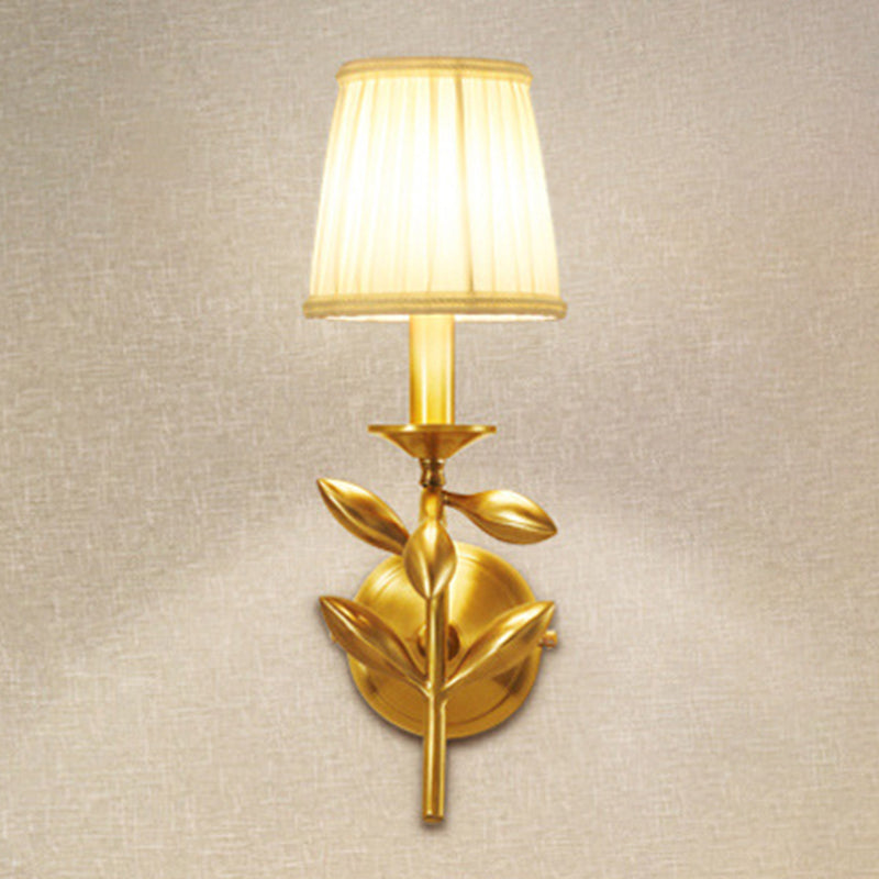 Gold Wheat Branch Wall Light Farmhouse Metal Single Bedroom Wall Mount Fixture with Gathered Fabric Shade