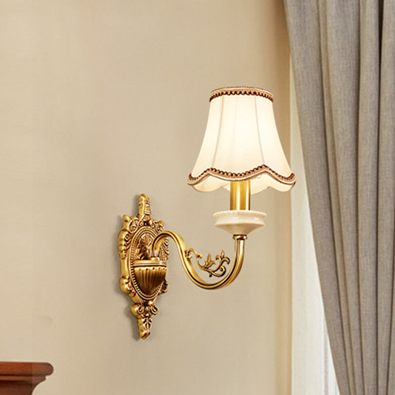1/2-Light Fabric/White Glass Wall Lamp Traditional Gold Scalloped/Tapered/Curved Bedside Wall Mounted Light Fixture