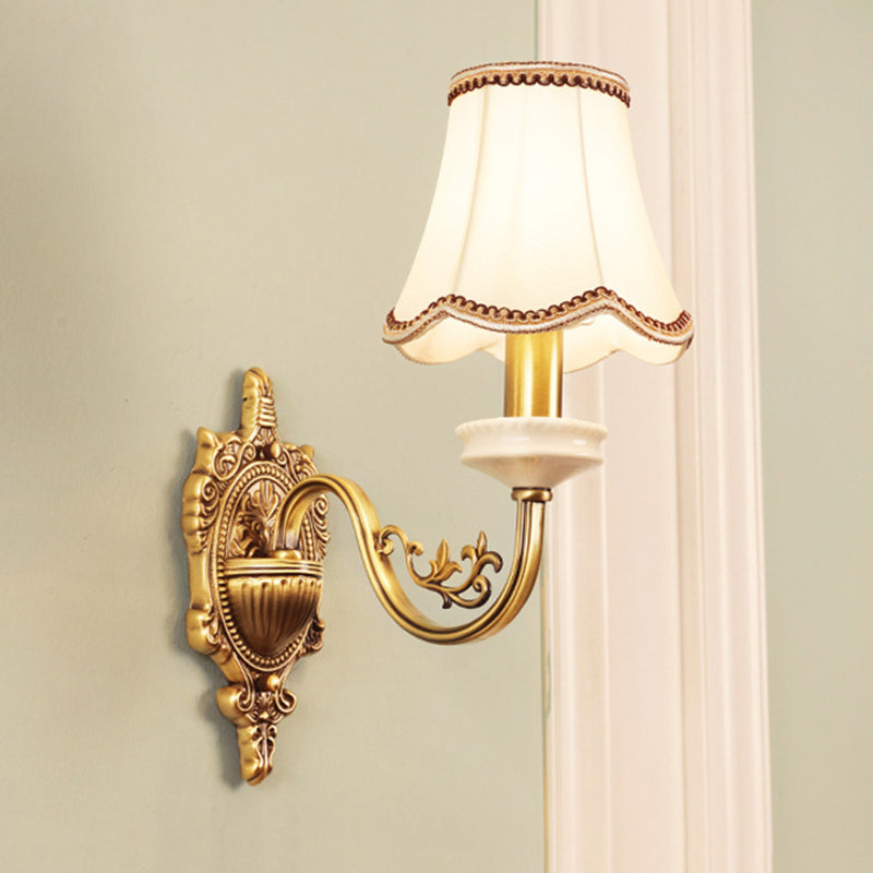 1/2-Light Fabric/White Glass Wall Lamp Traditional Gold Scalloped/Tapered/Curved Bedside Wall Mounted Light Fixture