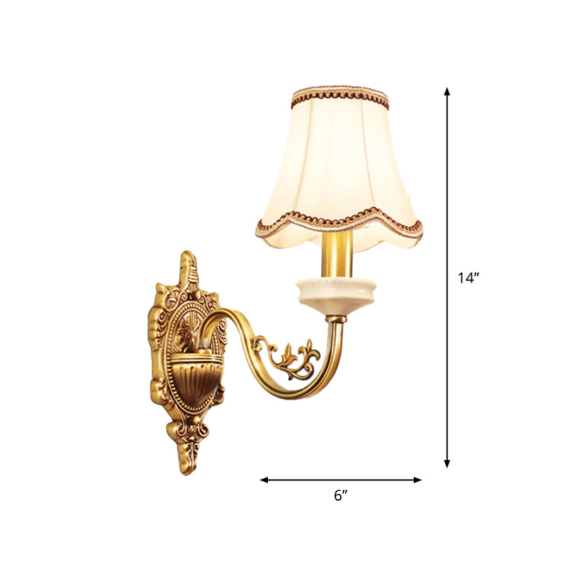 1/2-Light Fabric/White Glass Wall Lamp Traditional Gold Scalloped/Tapered/Curved Bedside Wall Mounted Light Fixture