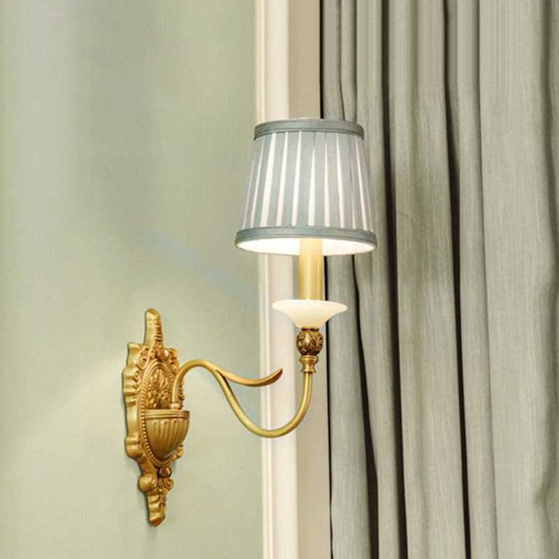 1/2-Light Fabric/White Glass Wall Lamp Traditional Gold Scalloped/Tapered/Curved Bedside Wall Mounted Light Fixture