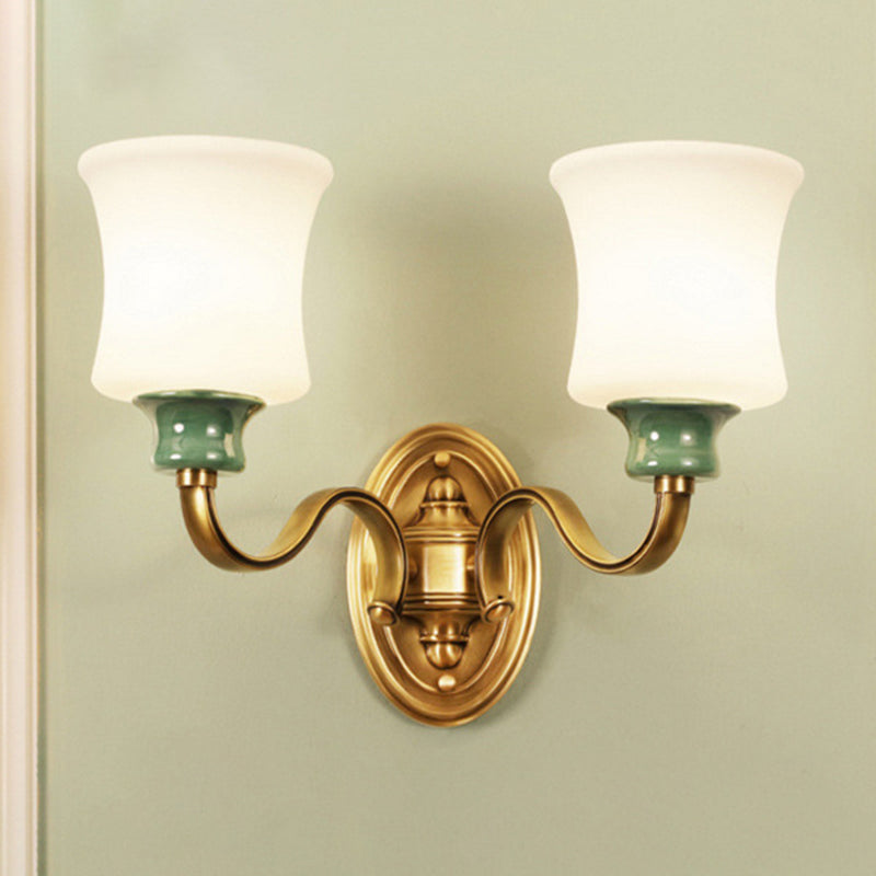 1/2-Light Fabric/White Glass Wall Lamp Traditional Gold Scalloped/Tapered/Curved Bedside Wall Mounted Light Fixture