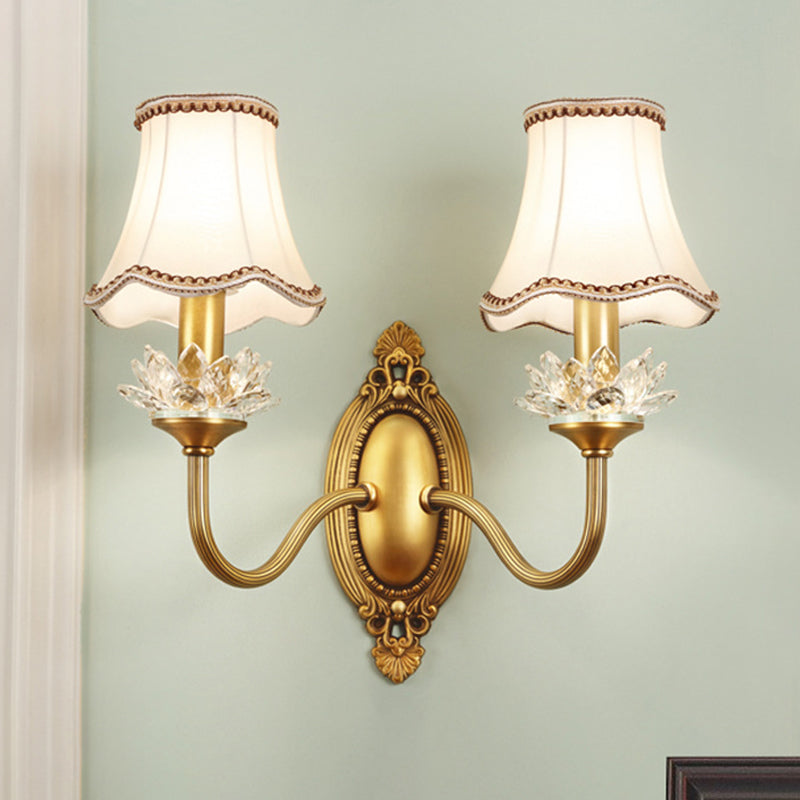 1/2-Light Fabric/White Glass Wall Lamp Traditional Gold Scalloped/Tapered/Curved Bedside Wall Mounted Light Fixture