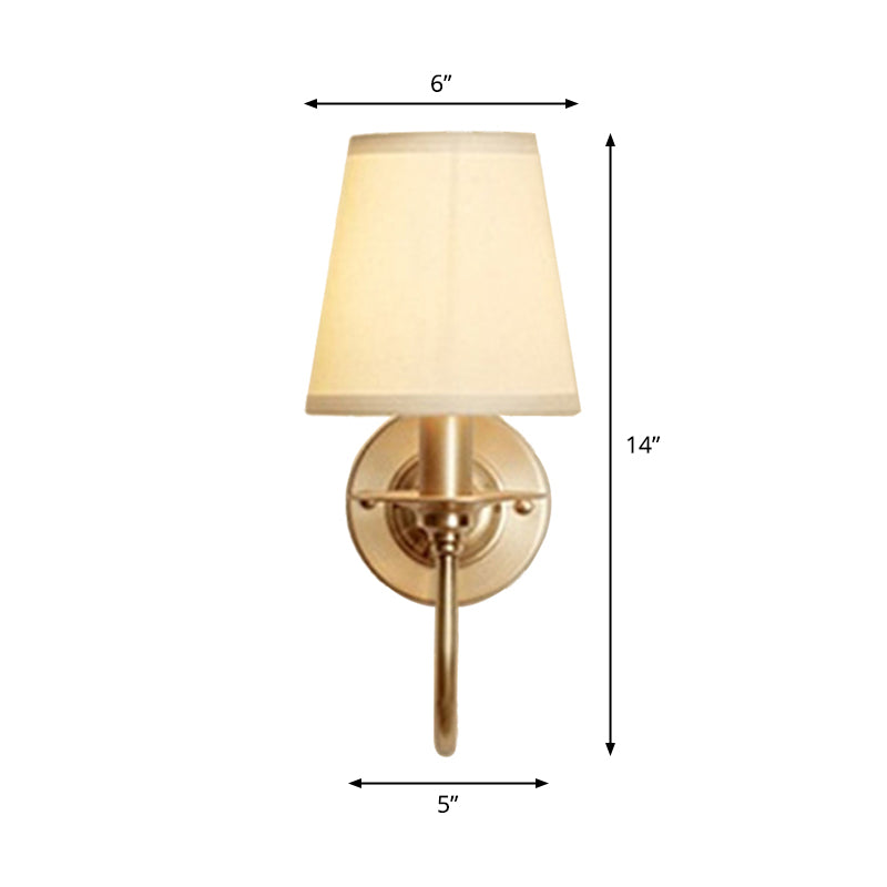 1-Light Cone Wall Mounted Light Traditional White Fabric Wall Lamp with Swoop Arm in Gold