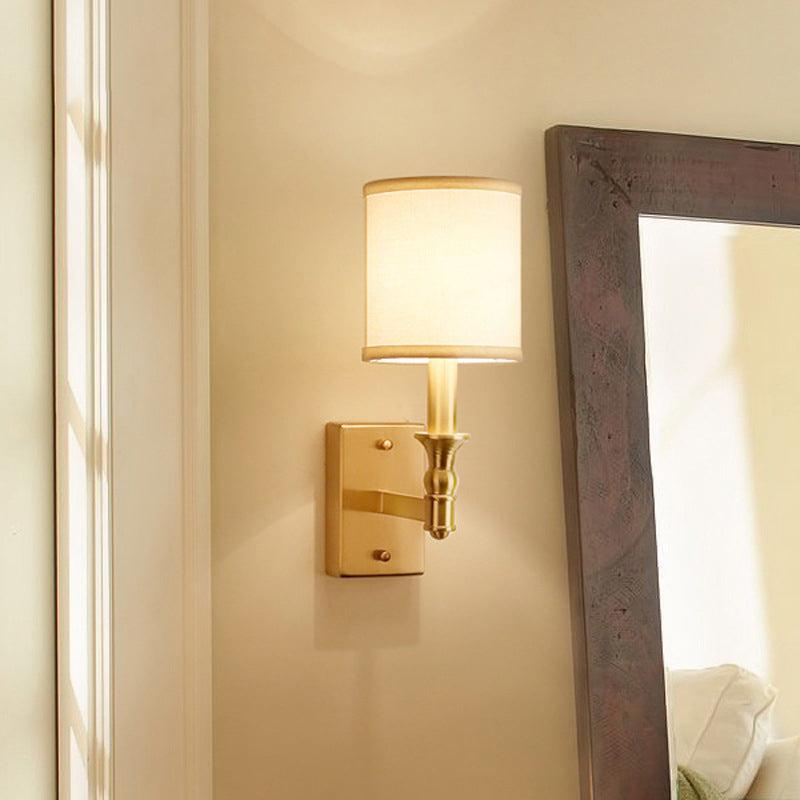Cylindrical Fabric Wall Light Kit Simplicity 1-Light Bedroom Wall Mount Lighting in Gold