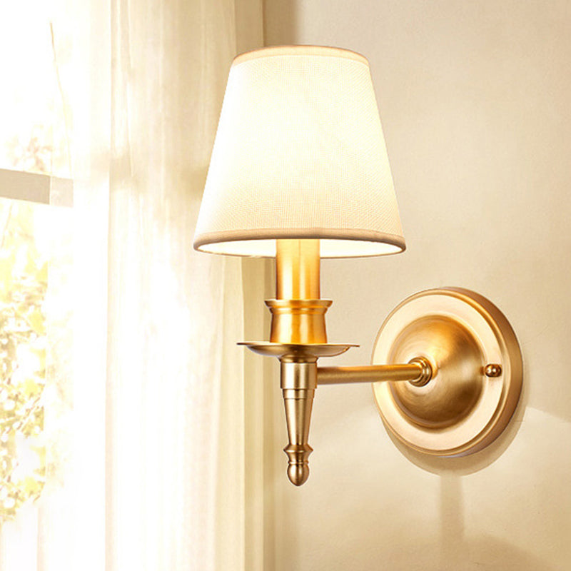 Country Conical Wall Light Single-Bulb Fabric Wall Lighting Ideas with Candle Design in Gold