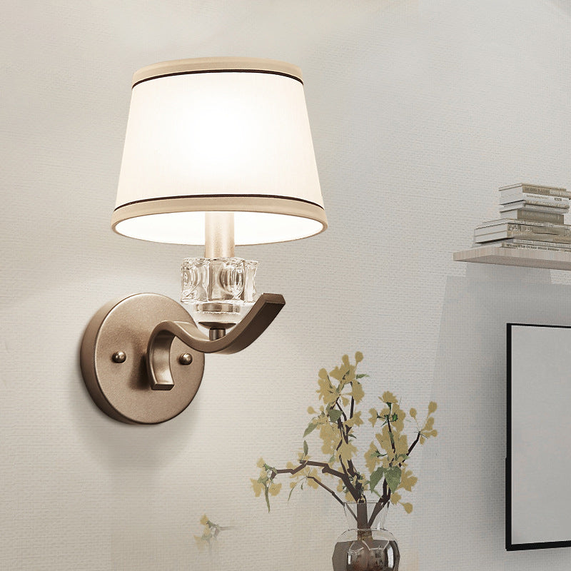 Fabric White Wall Mount Lamp Frustum Shaped 1 Bulb Minimalist Wall Light Kit with Crystal Ornament