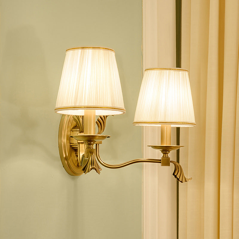 Candle Bedside Wall Lighting Rustic Metal 1/2-Light Gold Wall Mount Lamp with Cone Pleated Fabric Shade