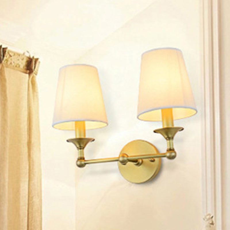 Traditional Cone Wall Lamp 1/2-Bulb Fabric Wall Mounted Light Fixture in Antiqued Gold