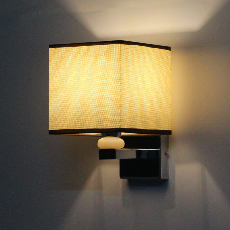 Nordic Cubic Wall Sconce Fabric 1-Light Dining Room Wall Mount Light Fixture in Beige/White/Flaxen