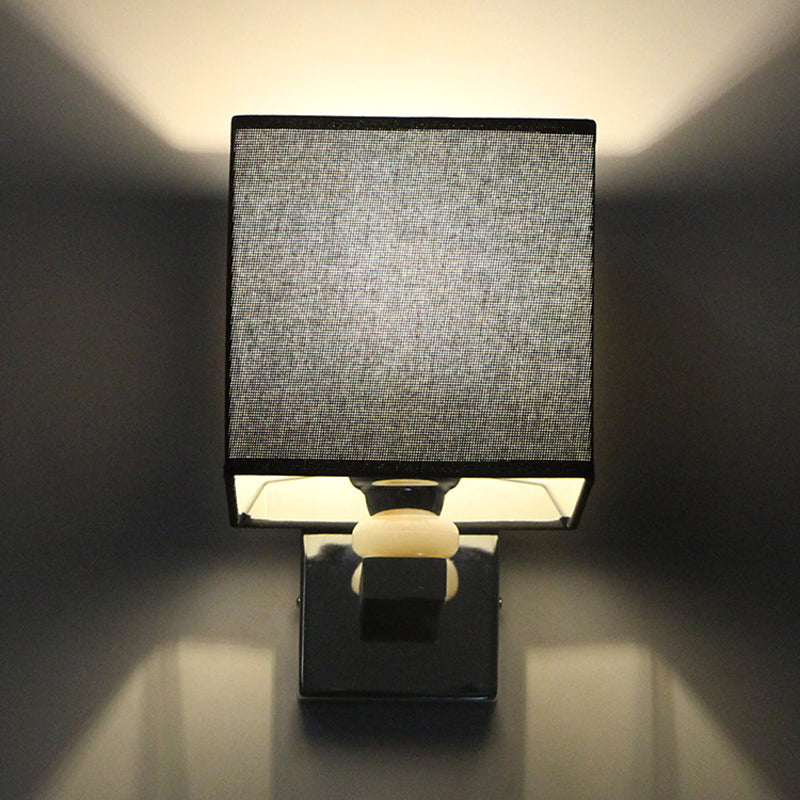 Nordic Cubic Wall Sconce Fabric 1-Light Dining Room Wall Mount Light Fixture in Beige/White/Flaxen