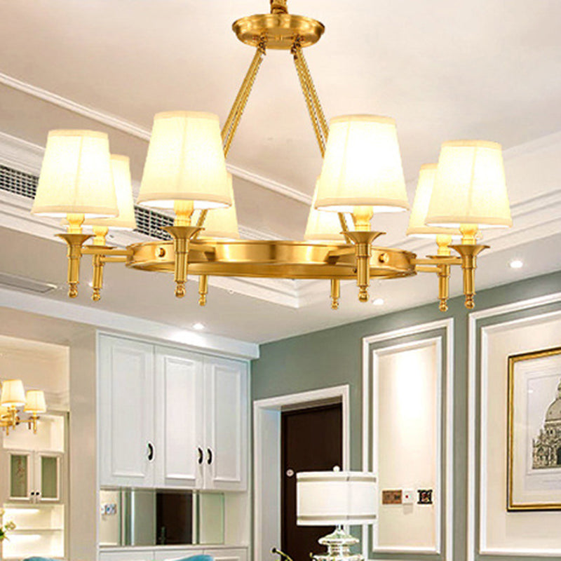 Cone Shade Living Room Pendant Light Traditional Fabric 3/6/8 Heads Gold Chandelier Lamp