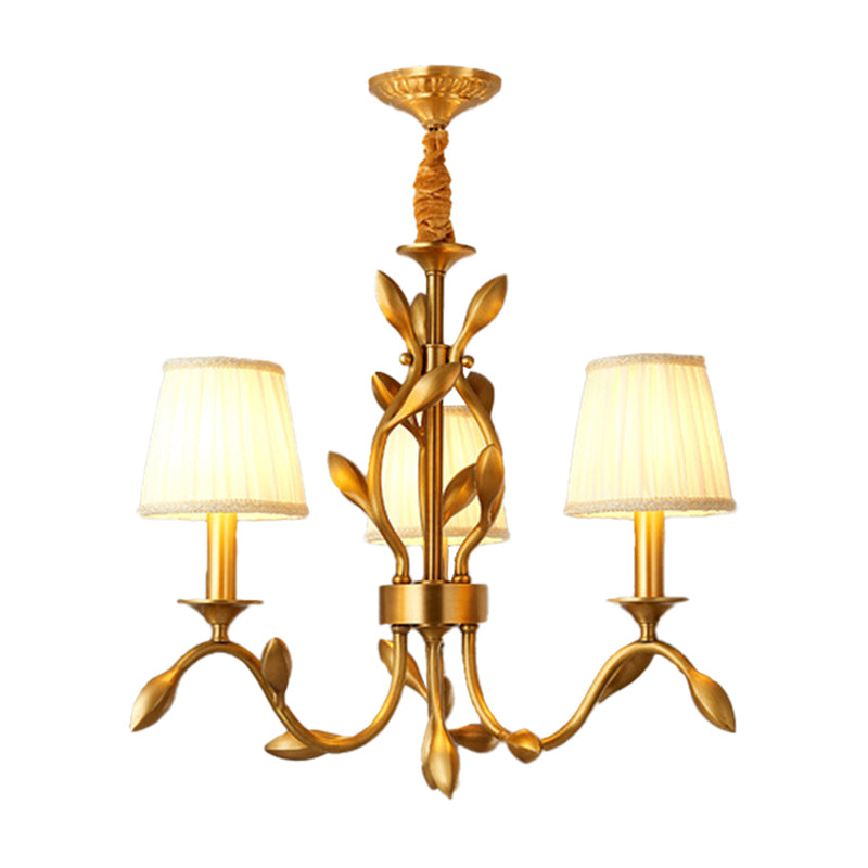 3-Head Wheat Chandelier Lighting Farmhouse Gold Metallic Ceiling Pendant with Conical Fabric Shade