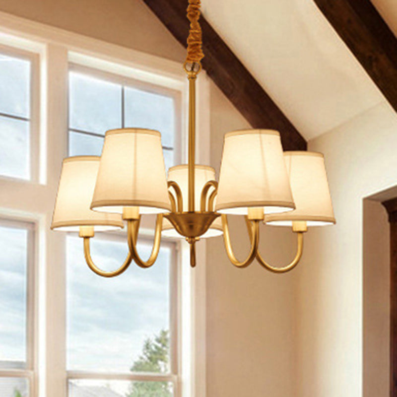 Conical Living Room Hanging Lamp Traditional Fabric 5/6/8-Light Gold Chandelier with Swoop Arm
