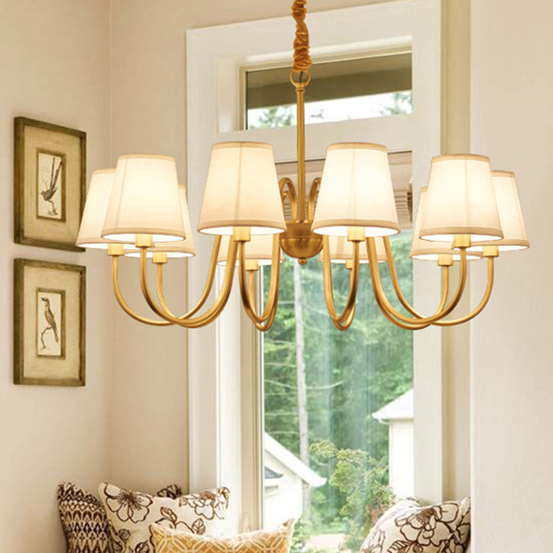 Conical Living Room Hanging Lamp Traditional Fabric 5/6/8-Light Gold Chandelier with Swoop Arm
