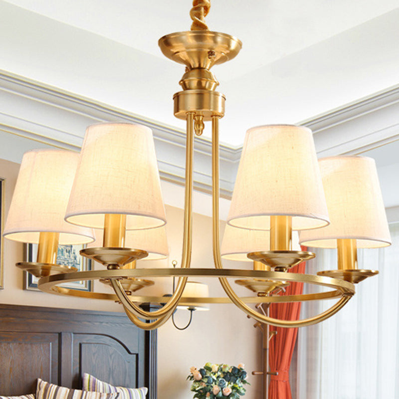 Goldener Schlag Arm Kronleuchter Kolonialmetall 4/8/10 Köpfe Wohnzimmer Droplampe mit Kegelstoffschatten