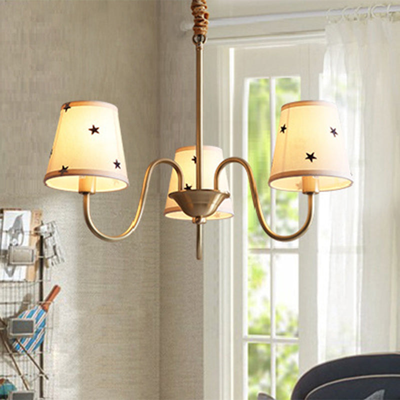 Star Patterned Fabric Conical Chandelier Rustic 3/5/6 Lights Bedroom Ceiling Hang Lamp in Gold