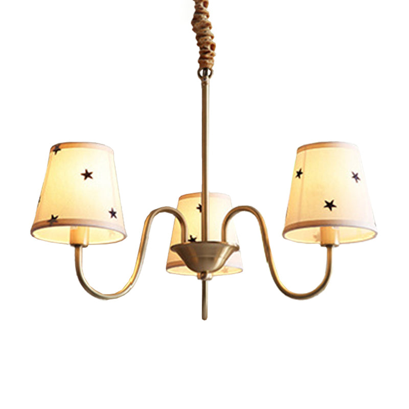 Star Patterned Fabric Conical Chandelier Rustic 3/5/6 Lights Bedroom Ceiling Hang Lamp in Gold