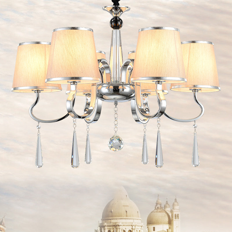 White Tapered Chandelier Light Contemporary Fabric 4/6/8-Bulb Living Room Pendant Lighting with Crystal Drop
