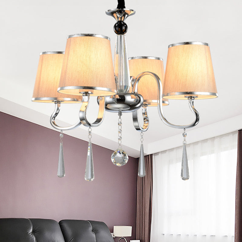 White Tapered Chandelier Light Contemporary Fabric 4/6/8-Bulb Living Room Pendant Lighting with Crystal Drop