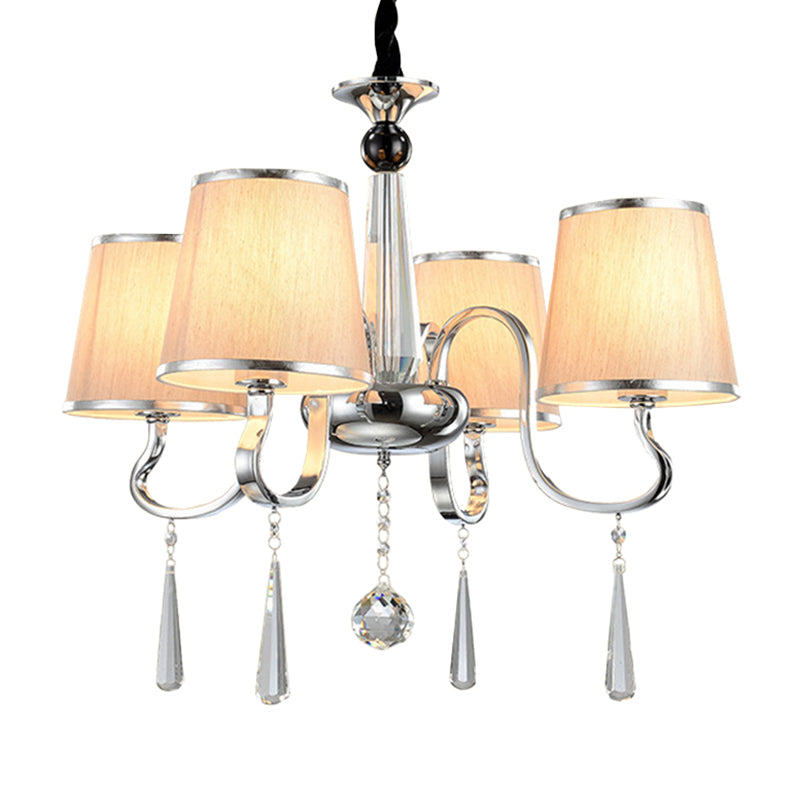 White Tapered Chandelier Light Contemporary Fabric 4/6/8-Bulb Living Room Pendant Lighting with Crystal Drop