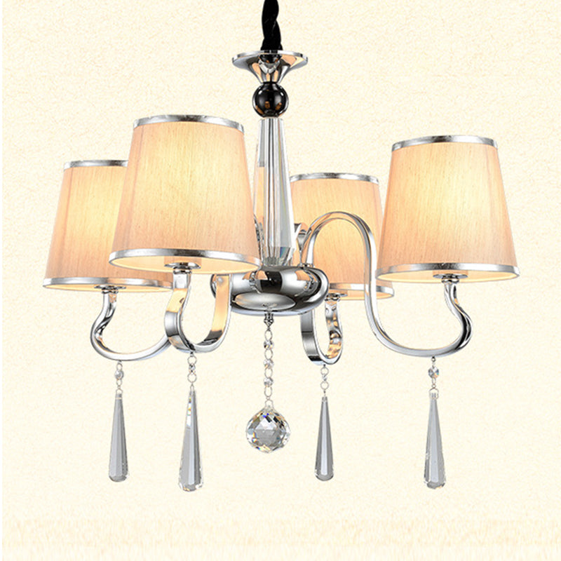 White Tapered Chandelier Light Contemporary Fabric 4/6/8-Bulb Living Room Pendant Lighting with Crystal Drop
