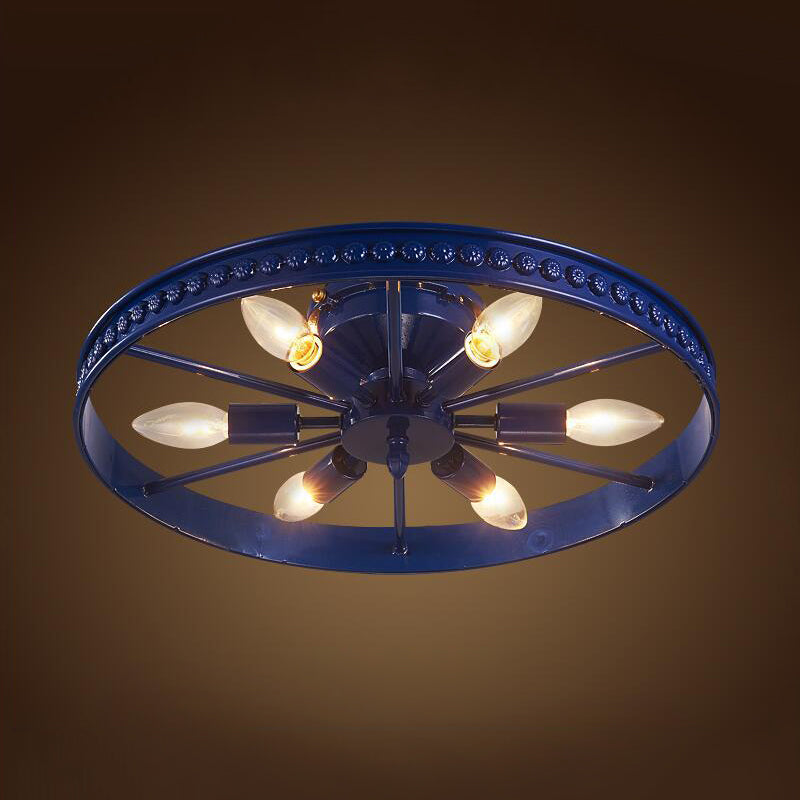Black/Bronze 6 Heads Semi Flush Ceiling Light Farmhouse Stylish Metallic Wheel Shade Ceiling Lamp for Living Room